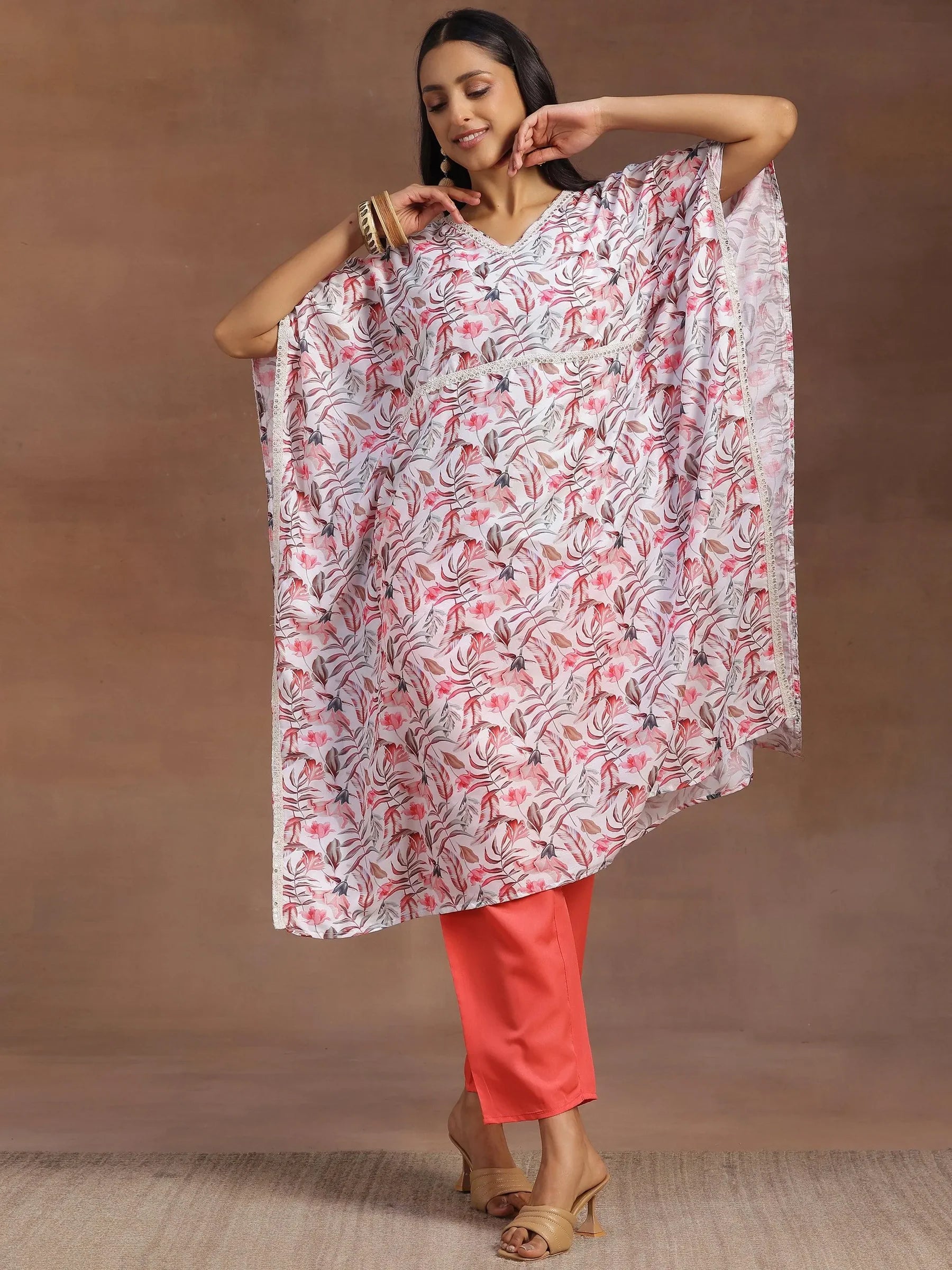 2-piece cream printed silk blend co-ord set