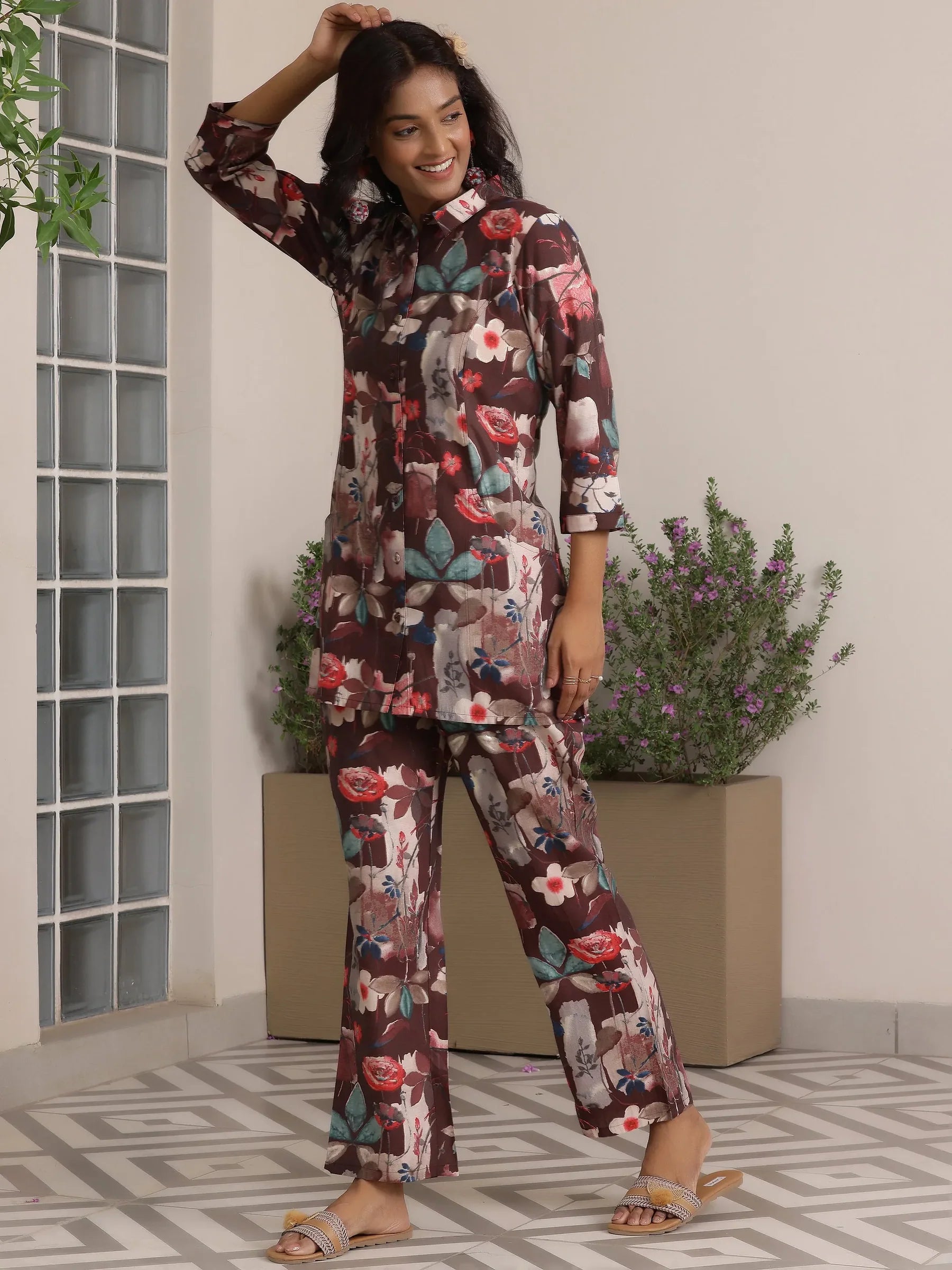 2-piece brown printed silk-blend co-ord set