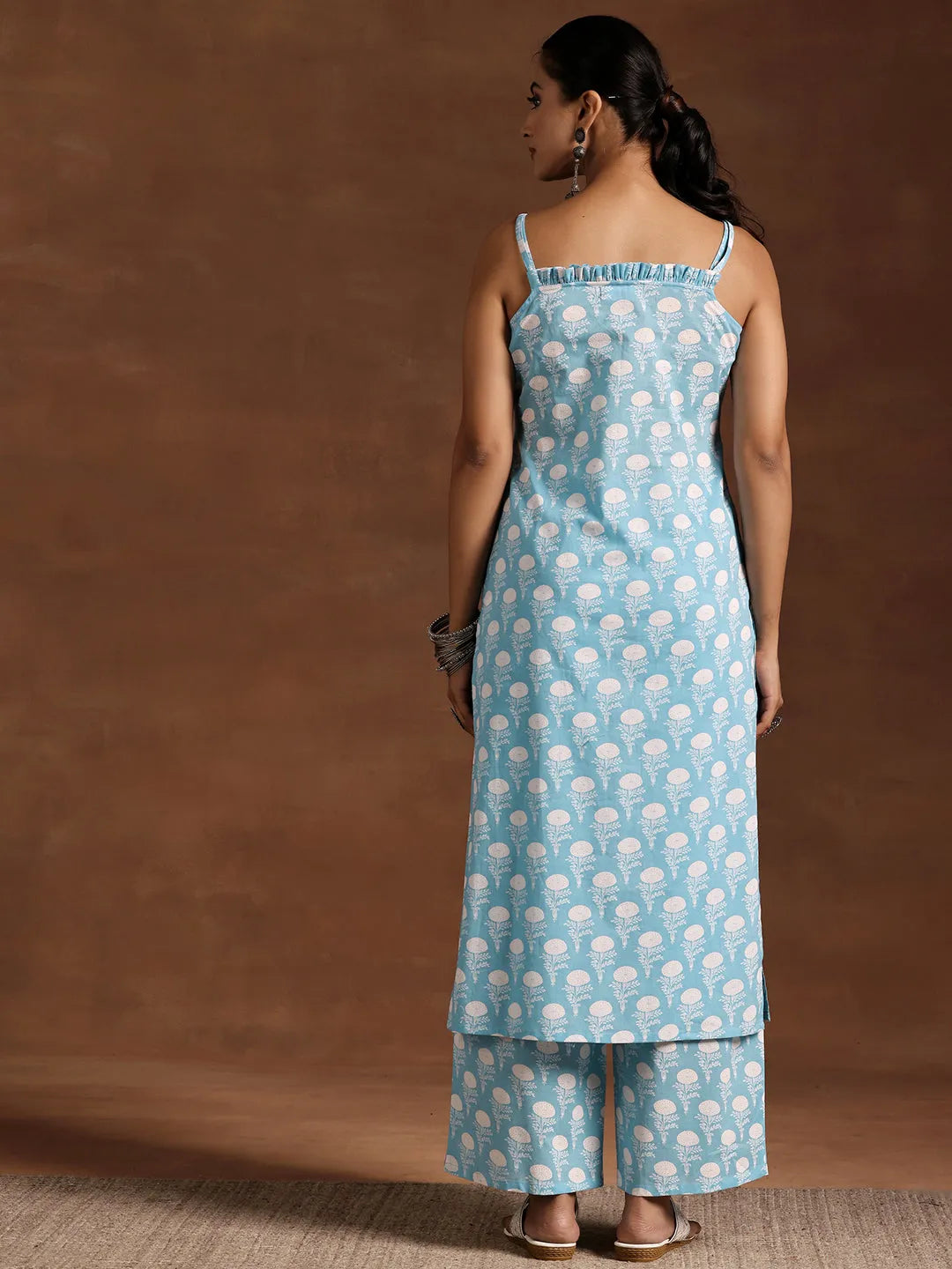 Blue Floral Print Kurta Palazzo Set (2-Piece)