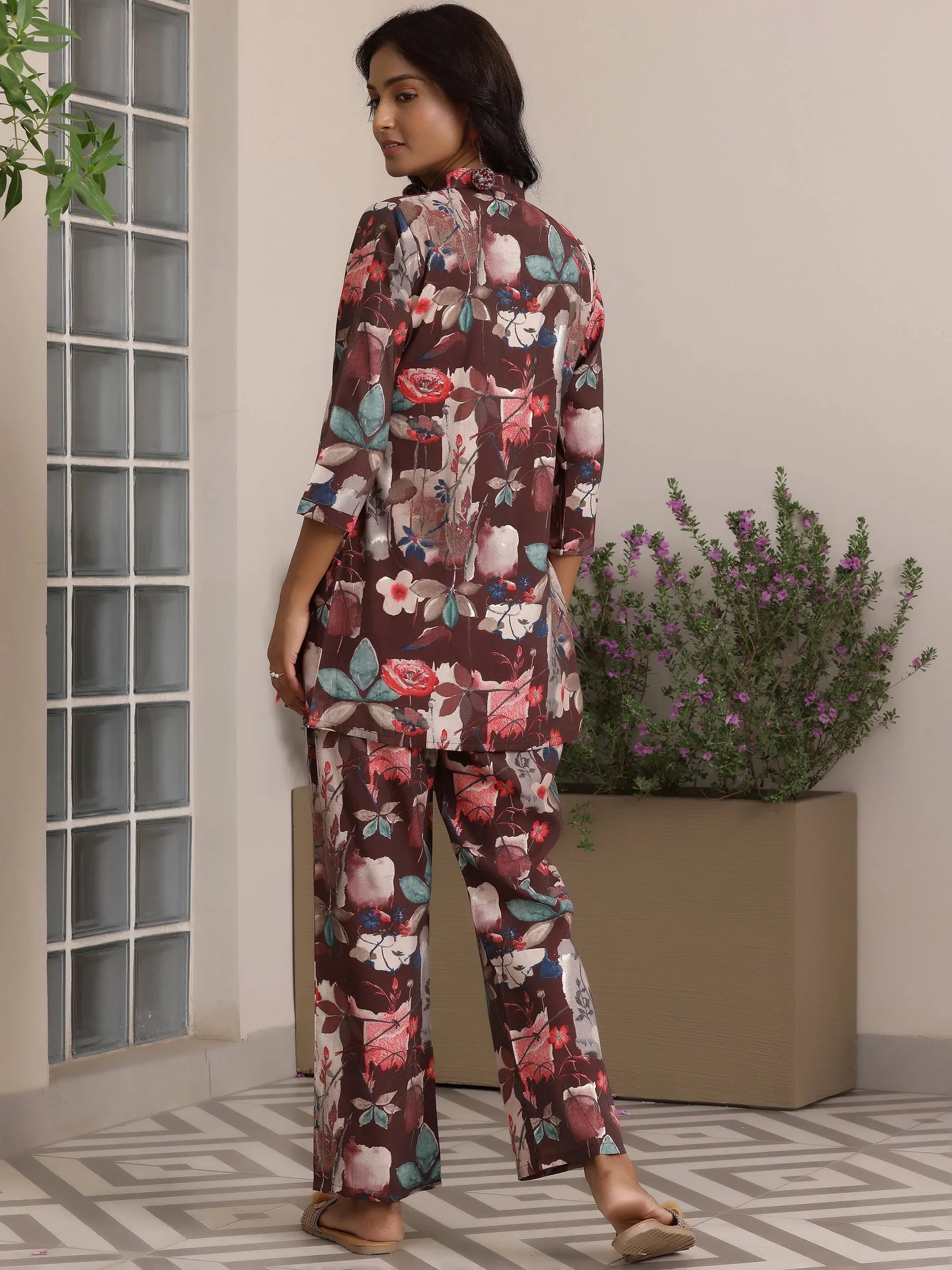 2-piece brown printed silk-blend co-ord set