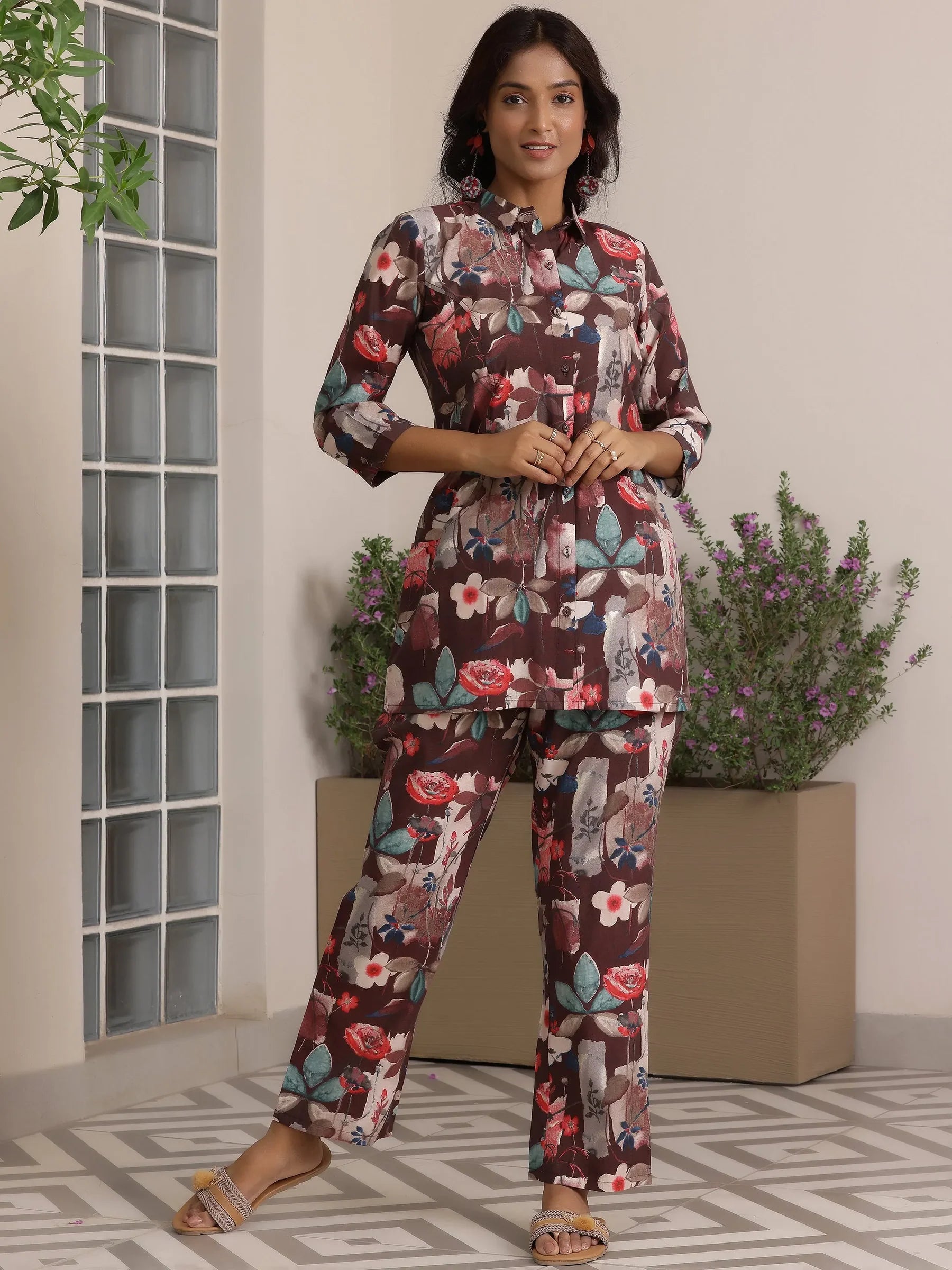 2-piece brown printed silk-blend co-ord set