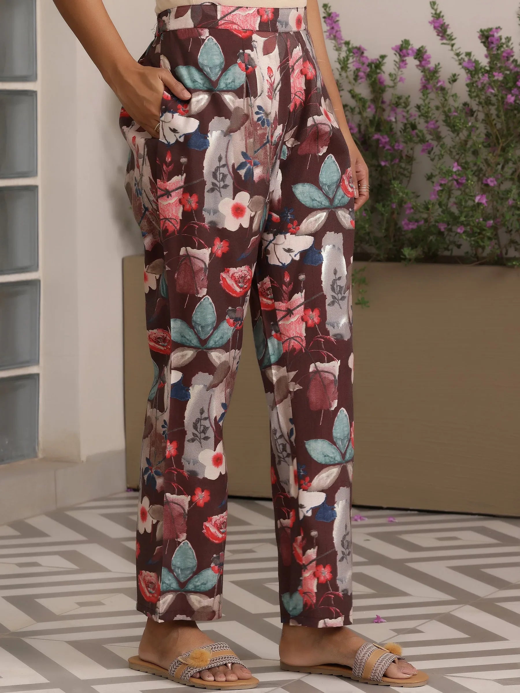 2-piece brown printed silk-blend co-ord set