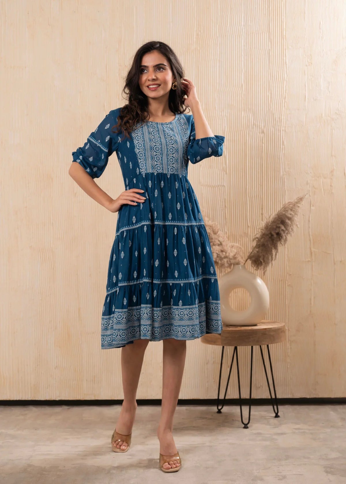 Indigo Blue Printed Cotton Tiered Dress