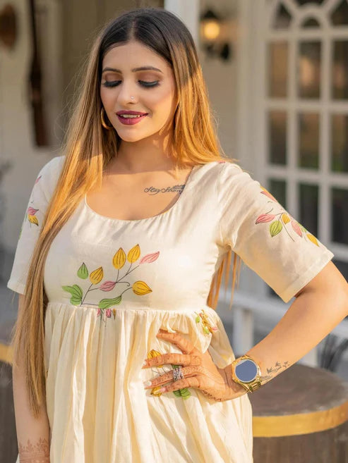 White Rock Leaves Printed Rayon Dress