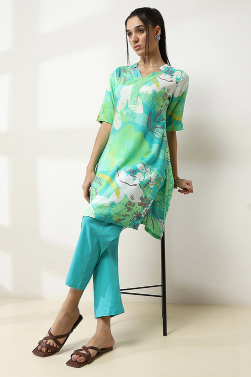 Aqua Printed Rayon Straight Kurta – Fresh & Elegant Summer Style