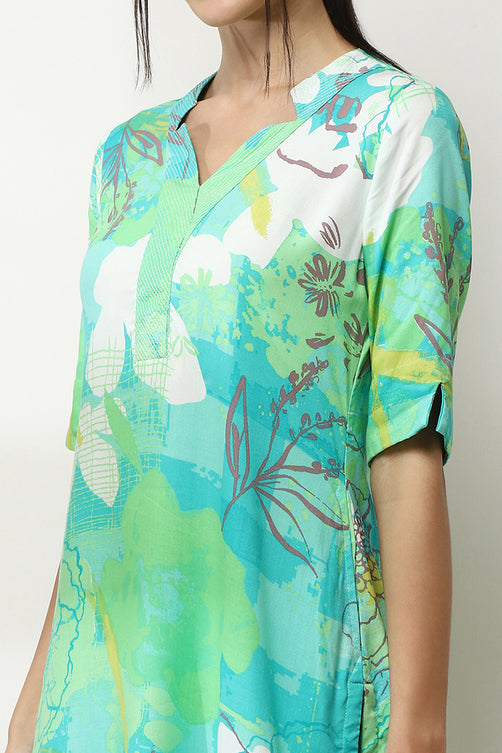 Aqua Printed Rayon Straight Kurta – Fresh & Elegant Summer Style