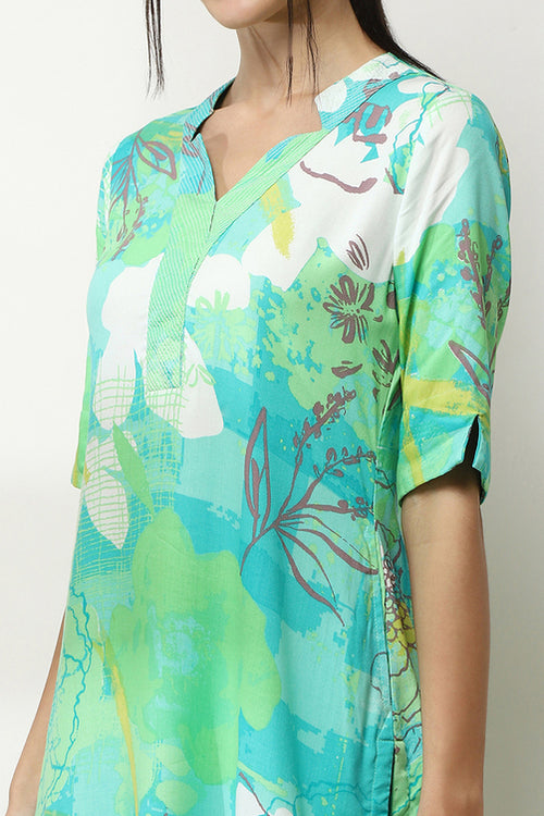 Aqua Printed Rayon Straight Kurta – Fresh & Elegant Summer Style