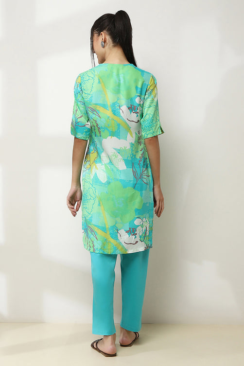 Aqua Printed Rayon Straight Kurta – Fresh & Elegant Summer Style