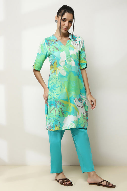 Aqua Printed Rayon Straight Kurta – Fresh & Elegant Summer Style